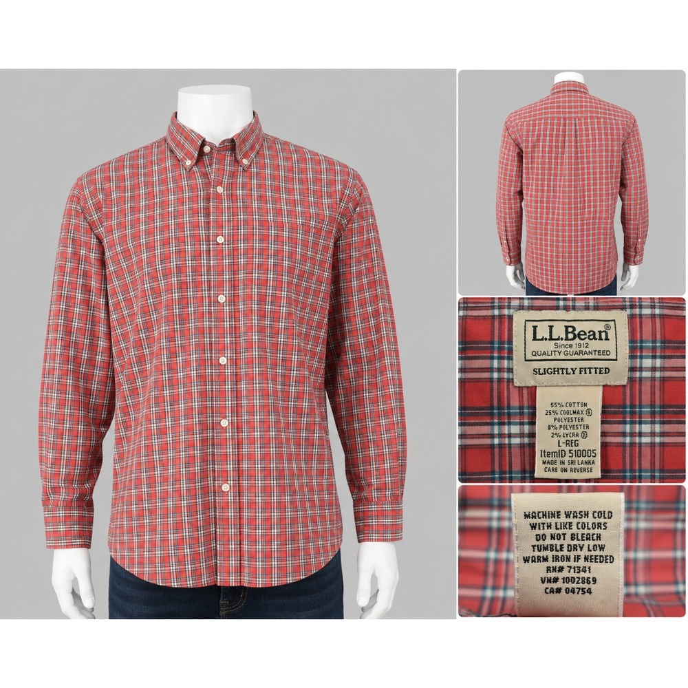 L.L.Bean Slightly Fitted Plaid Button Down Shirt Men's L Red CoolMax Cotton